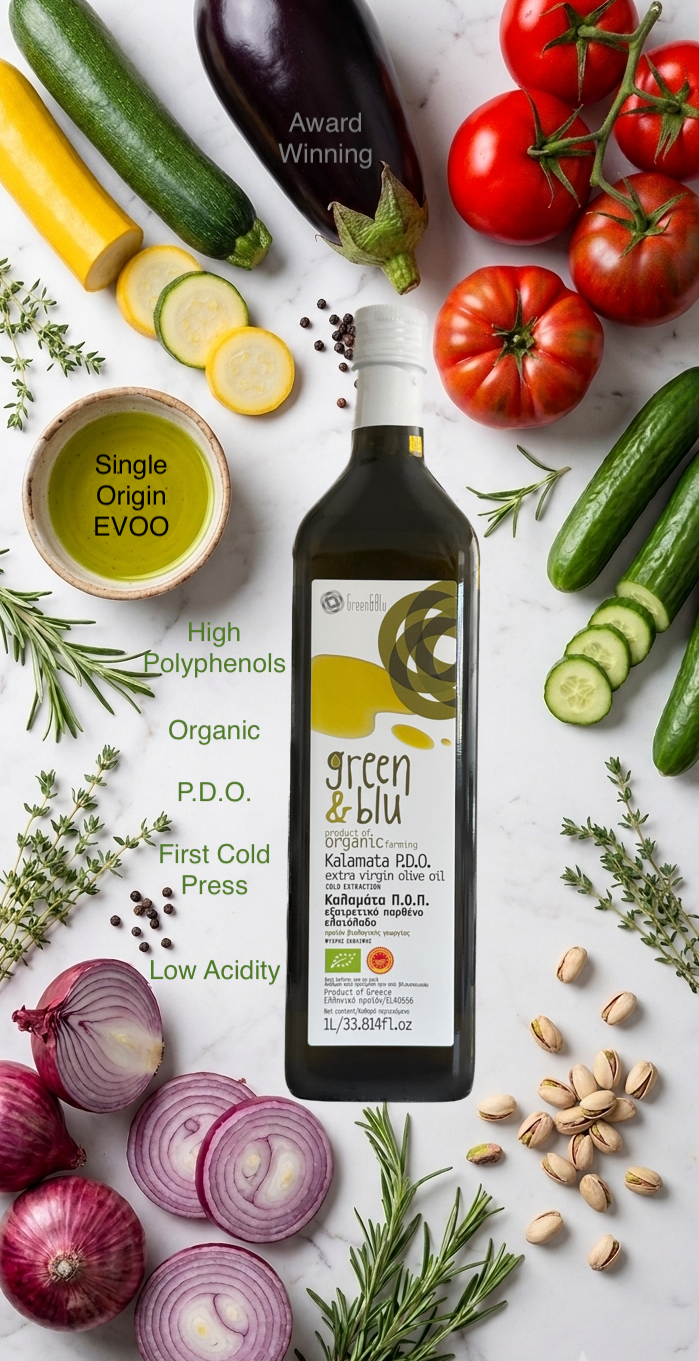 Organic Green & blu Extra Virgin Olive Oil, Kalamata PDO, High Polyphenol, Cold Pressed (1 L Glass Bottle)