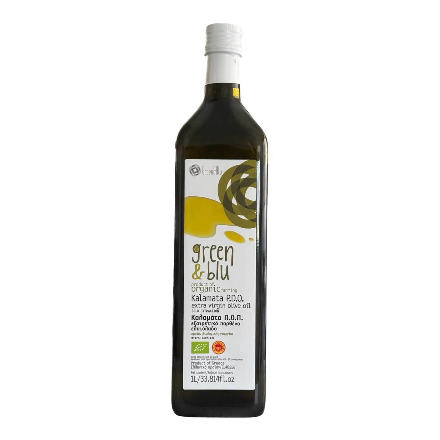 Organic Green & blu Extra Virgin Olive Oil, Kalamata PDO, High Polyphenol, Cold Pressed (1 L Glass Bottle)