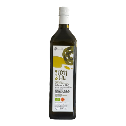 Organic Green & blu Extra Virgin Olive Oil, Kalamata PDO, High Polyphenol, Cold Pressed (1 L Glass Bottle)