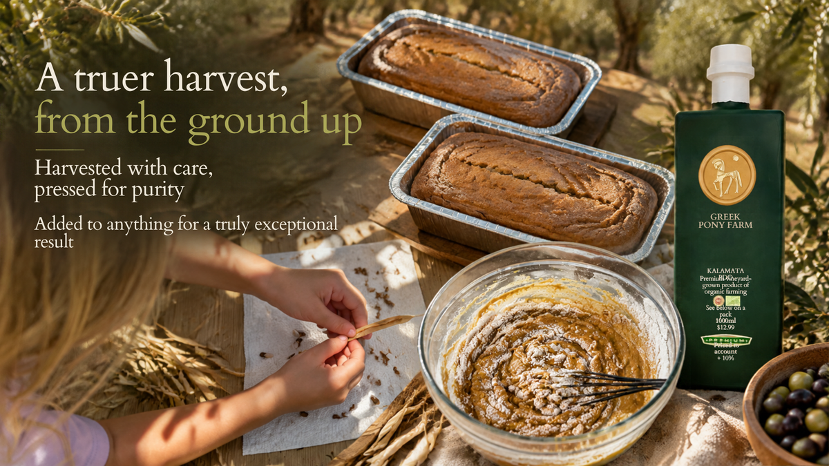 High Polyphenol, Low acidity Greek Organic EVOO displayed with seasonal offerings such as olives and pumpkins, pumpkin mix created from scratch, pumpkin bread ready to eat and a girl opening harvested beans for another EVOO incorporated dish in Greece.