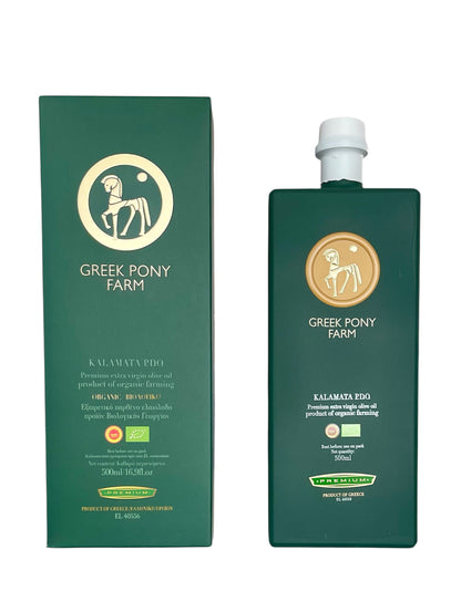 Greek Pony Farm Premium Organic Kalamata PDO Extra Virgin Olive Oil (500 mL) gift box included