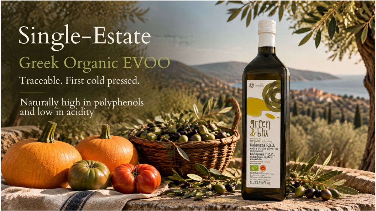 High Polyphenol, Low acidity Greek Organic EVOO displayed with seasonal offerings such as olives and pumpkins, pumpkin mix created from scratch, pumpkin bread ready to eat and a girl opening harvested beans for another EVOO incorporated dish in Greece
